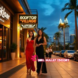 Two women in gowns pose outside Bangkloar and Rooftop Village Kuala Lumpur, with the Petronas Towers in the background.