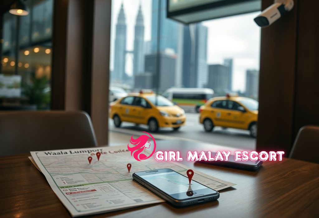 Map of Kuala Lumpur with pins, phones, and taxis, with the Petronas Towers in the background.