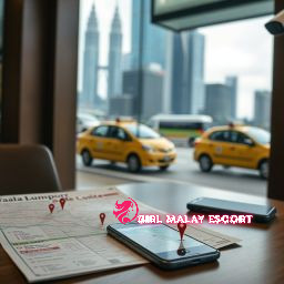 Map of Kuala Lumpur with pins, phones, and taxis, with the Petronas Towers in the background.