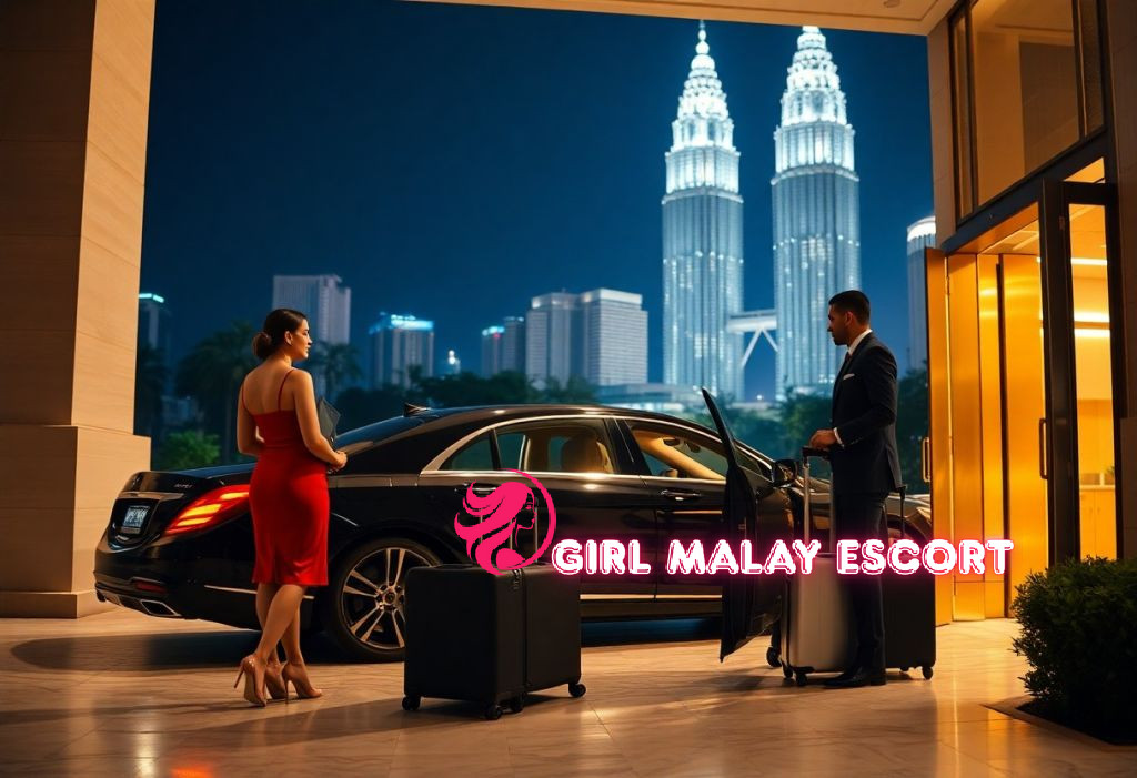 Woman in red dress outside luxury hotel with Kuala Lumpur's Petronas Towers in background.