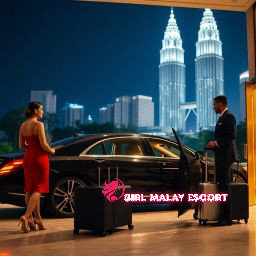 Woman in red dress outside luxury hotel with Kuala Lumpur's Petronas Towers in background.