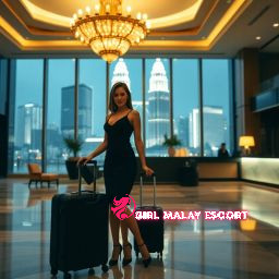 Elegant woman with luggage in a luxury hotel lobby with city skyline view.