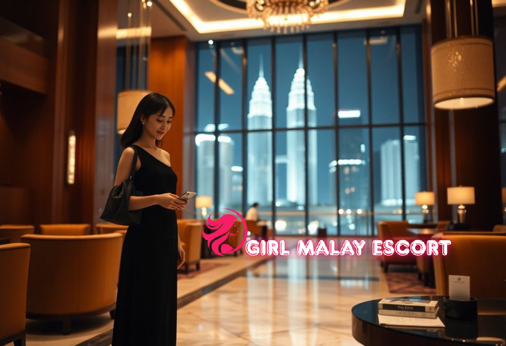 Elegant woman in black dress with handbag checks phone in luxury hotel lobby with city view