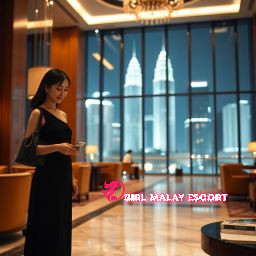 Elegant woman in black dress with handbag checks phone in luxury hotel lobby with city view